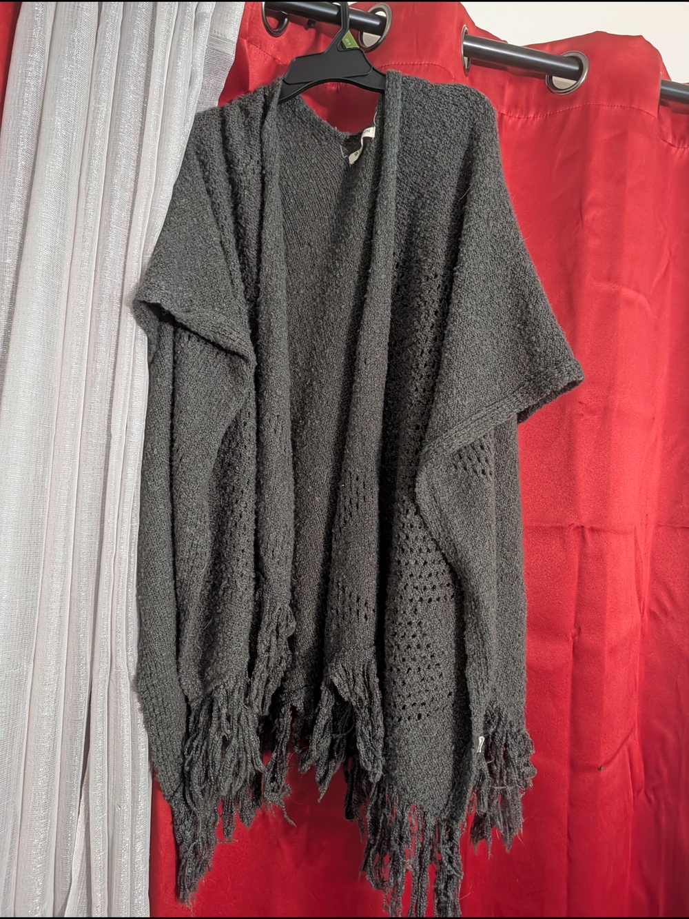 Black Knit Fringe Poncho Shrug